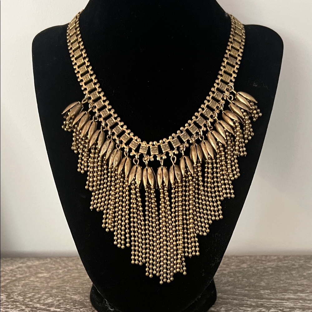 Vintage Gold Tone Waterfall Fringe Bib Statement Necklace. 1950s Runway style